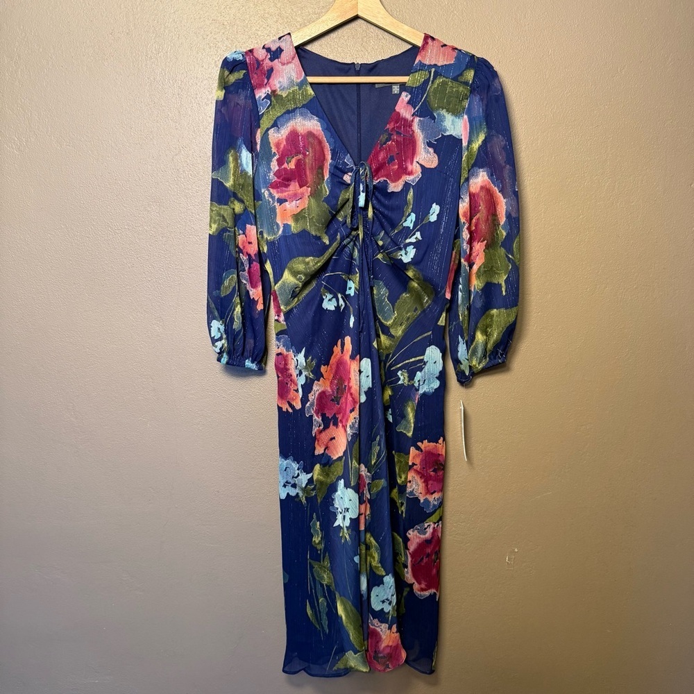 Julia Jordan Blue Floral Midi Dress 3/4 Sleeve NWT Elegant Boho Feminine Size 2 - Picture 3 of 17
